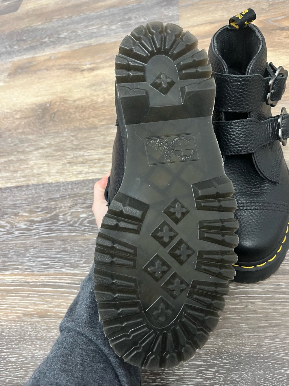 Dr. Martens Black Leather Buckle Combat Boots with Yellow Stitching - Picture 3 of 5